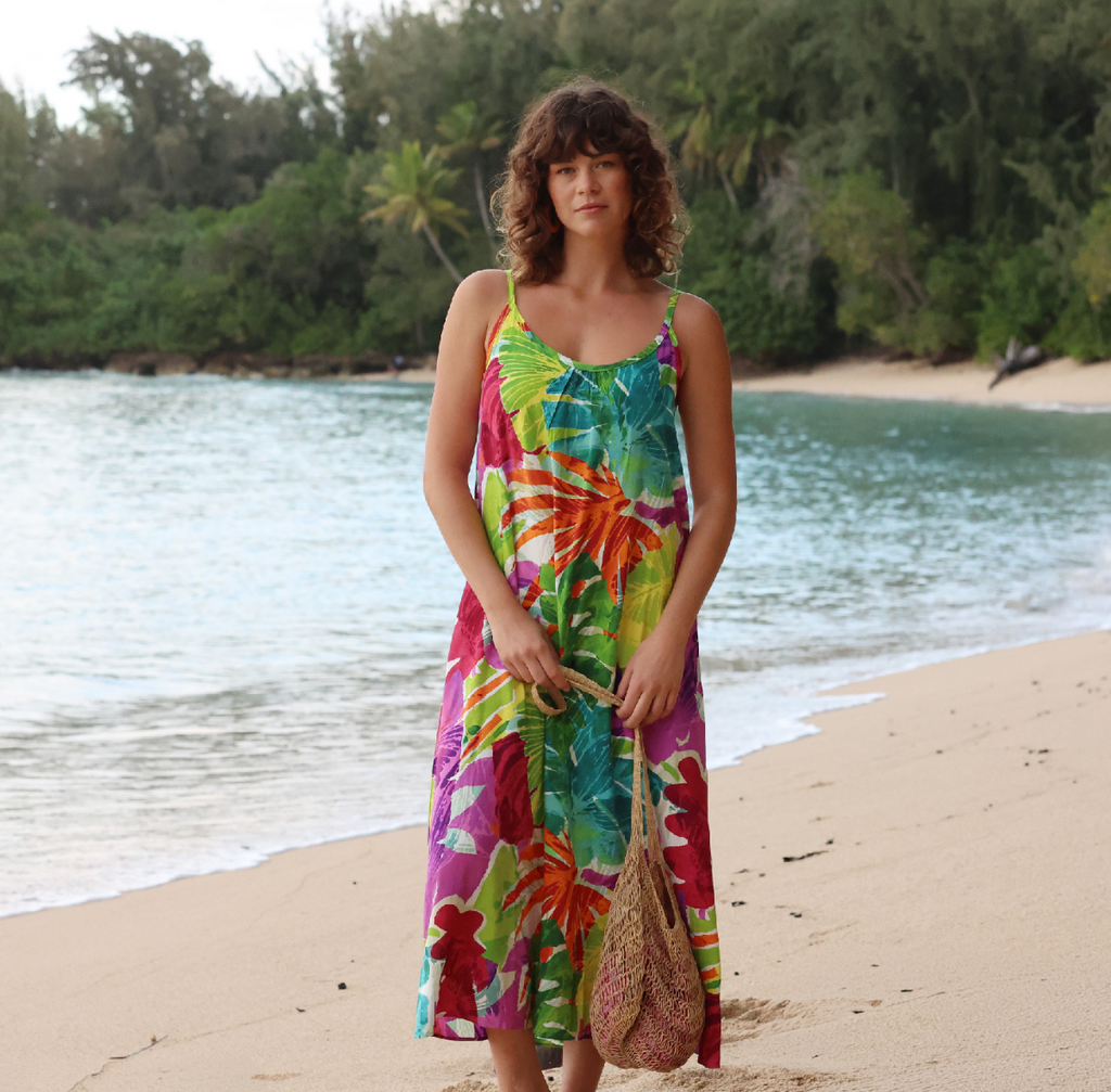 tropical beach dresses Tropical Print Maxi Linen Dress